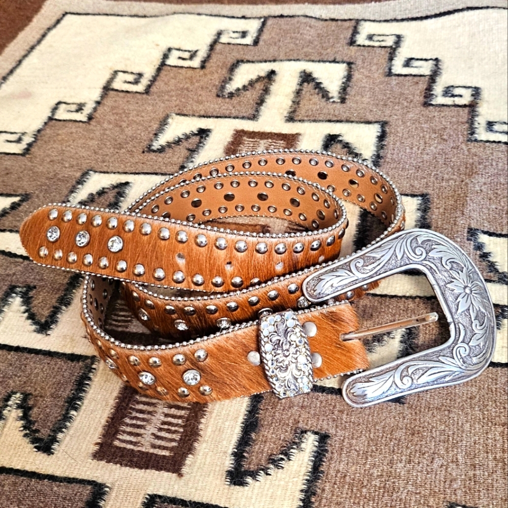 Nocona Belt Co. Western Belt with Calf Hide and Rhinestones, Cowgirl Ready
